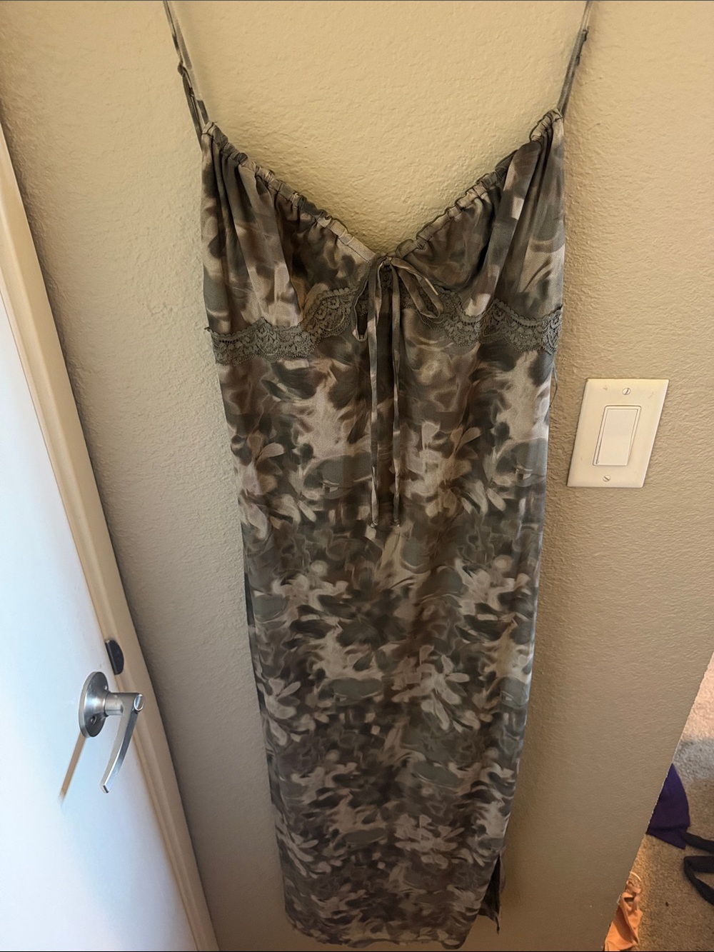 Lace-Trim Camo Maxi Slip Dress in Olive Green